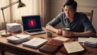 Person at a desk looking concerned while troubleshooting a virus alert on a laptop, surrounded by notes and everyday work items in a home office environment.