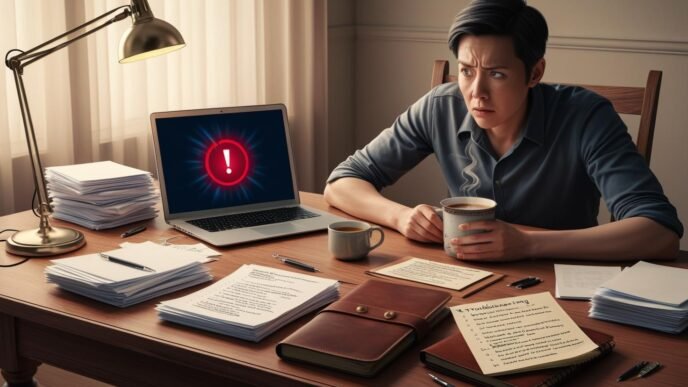 Person at a desk looking concerned while troubleshooting a virus alert on a laptop, surrounded by notes and everyday work items in a home office environment.