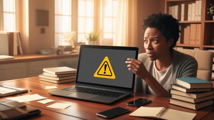 A person at a desk looking at a laptop showing a generic warning symbol, representing malware detection and removal in a home troubleshooting setting.
