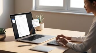 A person at a desk reviewing a maintenance checklist on a laptop, representing regular software updates and system management in a calm, home office setting.