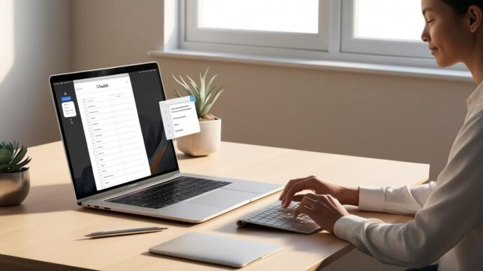 A person at a desk reviewing a maintenance checklist on a laptop, representing regular software updates and system management in a calm, home office setting.