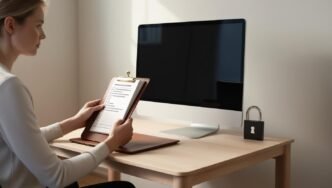 A person at a desk reviewing security tips beside a computer, representing safe computing habits and virus protection.