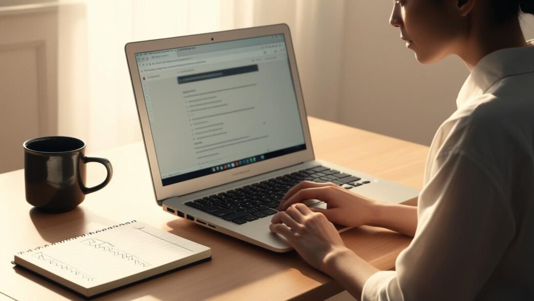 A person at a tidy desk using a laptop, performing routine computer maintenance tasks in a well-lit, organized home office setting.