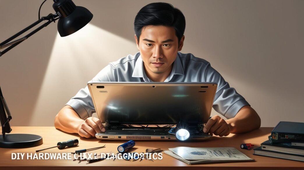 A person inspecting the internal components of a laptop on a desk, with diagnostic tools and tech manuals nearby.
