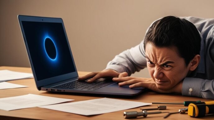 A person troubleshooting a computer with a blank blue screen, sitting at a desk with tools and notes in a home office setting.