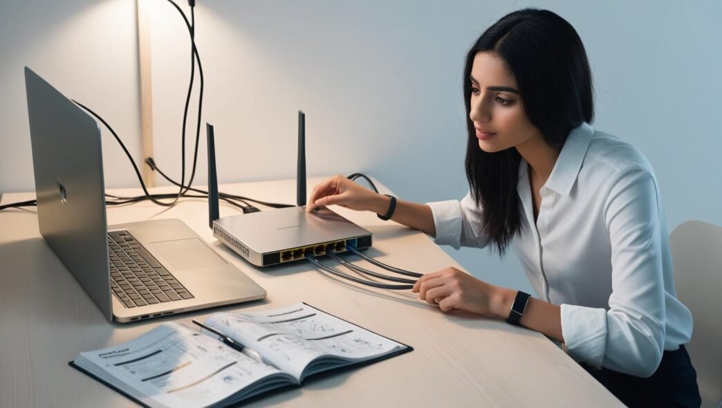 A person troubleshooting internet connectivity issues by inspecting a router and cables on a desk, with a laptop and tech manual nearby.