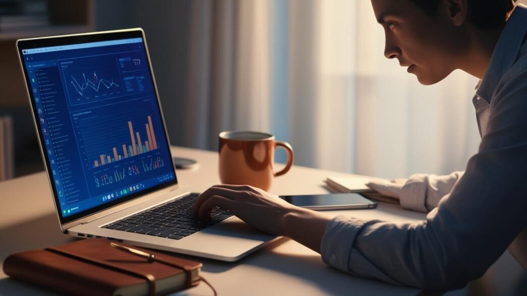 A person using a laptop in a home office, reviewing system diagnostics with calm focus, surrounded by typical desk items like a mug and notebook.