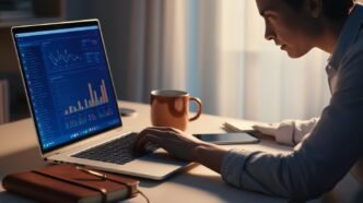 A person using a laptop in a home office, reviewing system diagnostics with calm focus, surrounded by typical desk items like a mug and notebook.