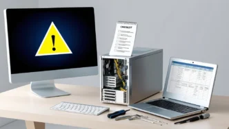 A realistic digital illustration of a Windows desktop PC and laptop on a tidy workspace, with a warning icon on the monitor, a printed checklist on a notepad, and an open PC case with tools, representing hardware troubleshooting in progress.
