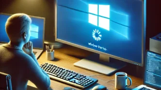 A realistic digital illustration of a frustrated person at a desk with a Windows PC or laptop stuck on a startup screen. The computer shows a loading symbol or frozen Windows logo, with dim lighting and a glow from the screen, surrounded by everyday objects like a coffee mug, keyboard, and notepad—capturing the theme of diagnosing PC startup issues at home.