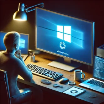 A realistic digital illustration of a frustrated person at a desk with a Windows PC or laptop stuck on a startup screen. The computer shows a loading symbol or frozen Windows logo, with dim lighting and a glow from the screen, surrounded by everyday objects like a coffee mug, keyboard, and notepad—capturing the theme of diagnosing PC startup issues at home.