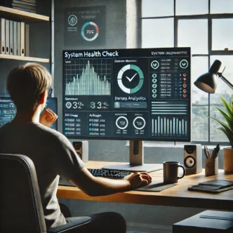 A realistic digital illustration of a person performing a system health check on a Windows PC at home, with diagnostic graphs and checkmarks visible on the screen in a tidy home office setup.
