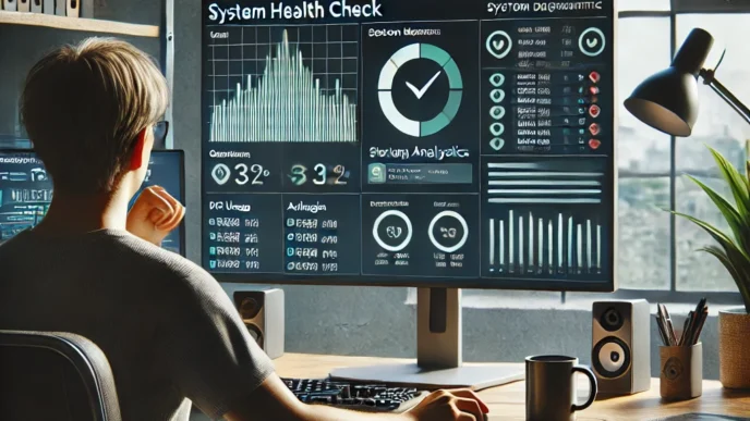 A realistic digital illustration of a person performing a system health check on a Windows PC at home, with diagnostic graphs and checkmarks visible on the screen in a tidy home office setup.