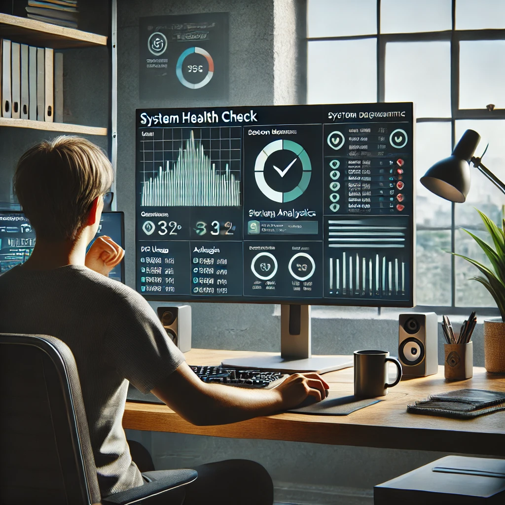 A realistic digital illustration of a person performing a system health check on a Windows PC at home, with diagnostic graphs and checkmarks visible on the screen in a tidy home office setup.