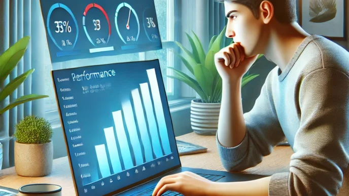 A realistic digital illustration of a person sitting at a desk with a slow Windows laptop, looking frustrated. The laptop screen displays system performance graphs or lagging apps. The background shows a cozy home office with soft lighting, indoor plants, and a coffee mug.
