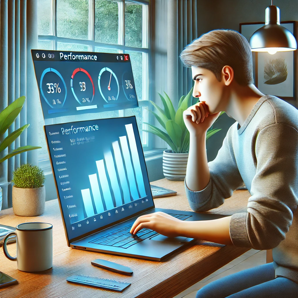 A realistic digital illustration of a person sitting at a desk with a slow Windows laptop, looking frustrated. The laptop screen displays system performance graphs or lagging apps. The background shows a cozy home office with soft lighting, indoor plants, and a coffee mug.