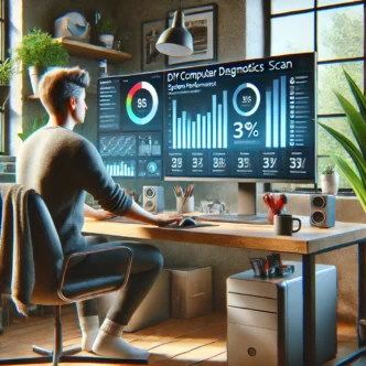 A realistic digital illustration showing a person at a home desk using a Windows desktop PC to run a system diagnostics scan, with performance graphs on screen, a tidy workspace, and a calm, focused atmosphere.