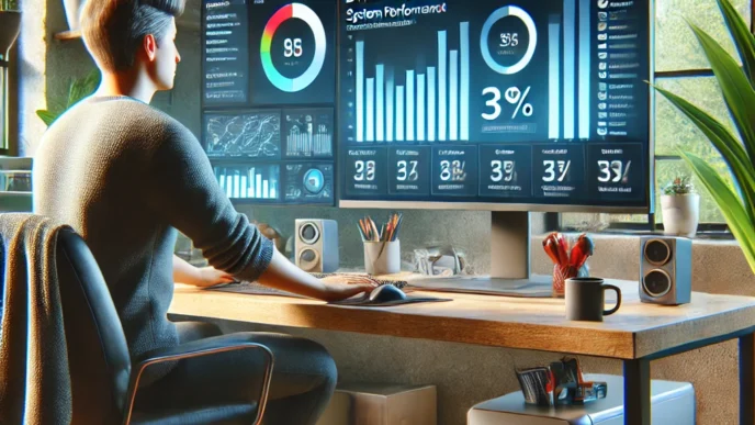 A realistic digital illustration showing a person at a home desk using a Windows desktop PC to run a system diagnostics scan, with performance graphs on screen, a tidy workspace, and a calm, focused atmosphere.