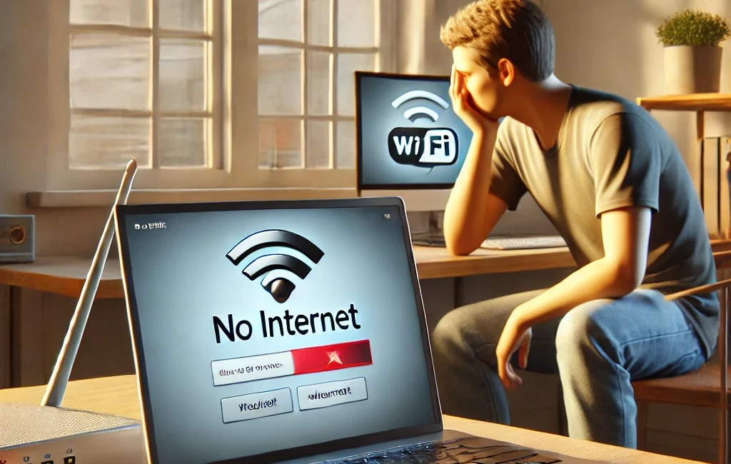 Confused user troubleshooting 'No Internet' error on a Windows laptop with visible router and Ethernet cables in a modern home office.