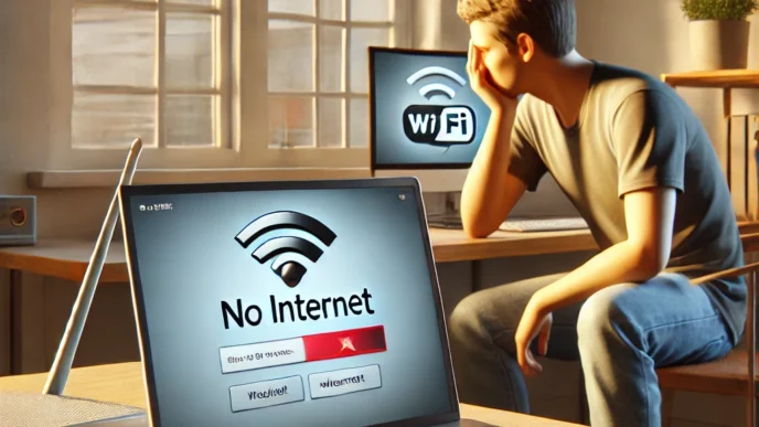 Confused user troubleshooting 'No Internet' error on a Windows laptop with visible router and Ethernet cables in a modern home office.