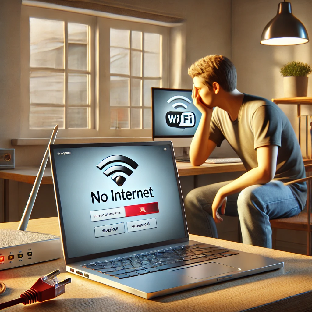 Confused user troubleshooting 'No Internet' error on a Windows laptop with visible router and Ethernet cables in a modern home office.