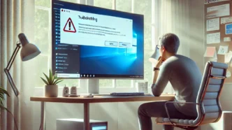 Frustrated PC user troubleshooting a software crash on a Windows computer with error messages and diagnostic tools visible on screen.