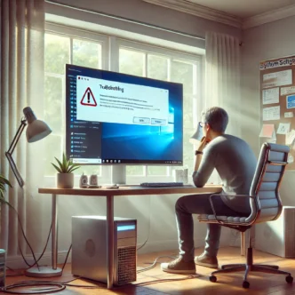 Frustrated PC user troubleshooting a software crash on a Windows computer with error messages and diagnostic tools visible on screen.