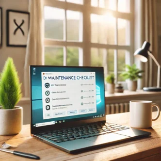 A tidy home computer workspace showing a clean Windows laptop, organized cables, and bright natural lighting—representing a well-maintained, smoothly running PC.