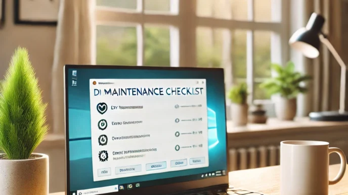 A tidy home computer workspace showing a clean Windows laptop, organized cables, and bright natural lighting—representing a well-maintained, smoothly running PC.