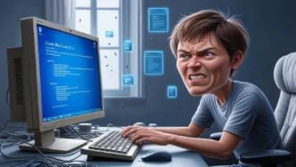 Frustrated PC user facing Blue Screen of Death error on Windows computer with diagnostic symbols and a recovery-focused atmosphere