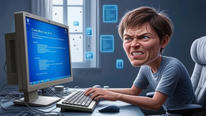 Frustrated PC user facing Blue Screen of Death error on Windows computer with diagnostic symbols and a recovery-focused atmosphere