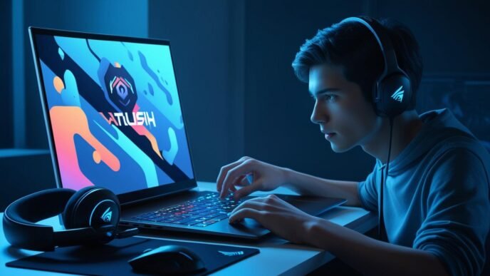 Gamer at desk adjusting computer settings with headset nearby, preparing for smooth gameplay on a desktop or laptop.