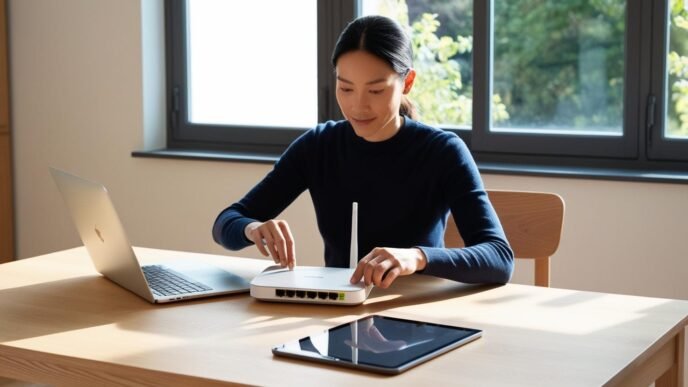 Person adjusting a home Wi-Fi router while monitoring connected devices in a well-lit room, representing home network security practices.