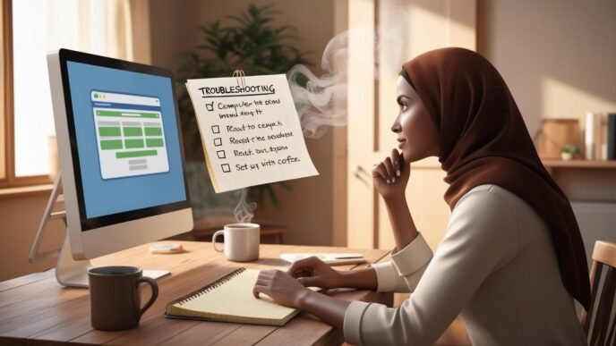 Person at a desk reviewing a checklist while optimizing a computer in a home setting, symbolizing beginner-friendly PC performance improvement.