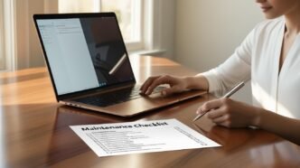 Person at desk using a laptop while checking off a maintenance checklist to keep their computer running efficiently.