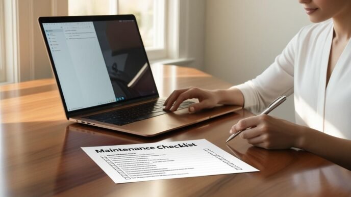 Person at desk using a laptop while checking off a maintenance checklist to keep their computer running efficiently.