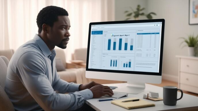Person at home desk reviewing diagnostic information on a generic computer screen, surrounded by notes and tech tools, conveying self-guided PC troubleshooting and analysis.