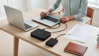 Person backing up data by connecting an external hard drive to a laptop at a home desk with a printed checklist nearby.