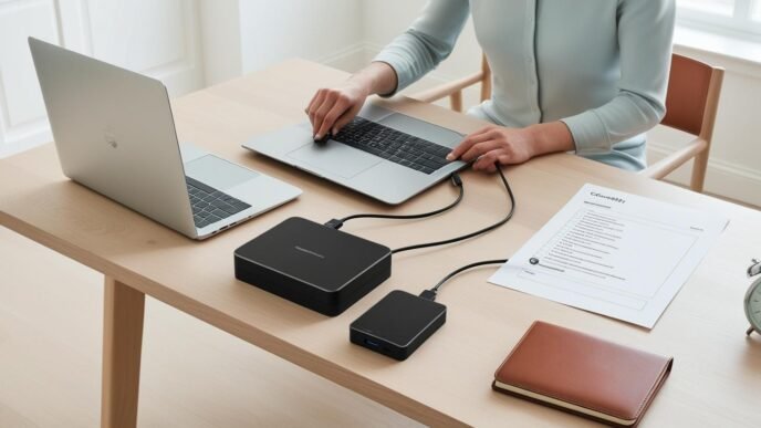 Person backing up data by connecting an external hard drive to a laptop at a home desk with a printed checklist nearby.