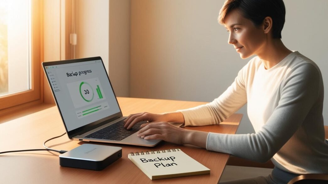 Person checking data backup progress on a laptop with an external drive connected in a home office setting.
