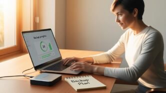 Person checking data backup progress on a laptop with an external drive connected in a home office setting.