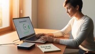 Person checking data backup progress on a laptop with an external drive connected in a home office setting.