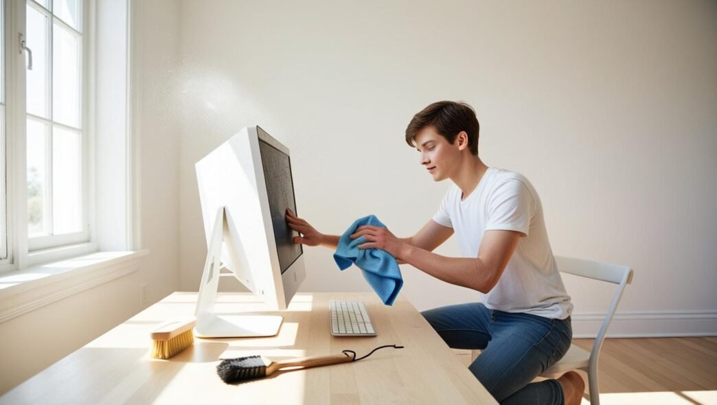 Person cleaning a computer with basic tools in a home office, demonstrating easy DIY maintenance without brand logos or software screens visible.