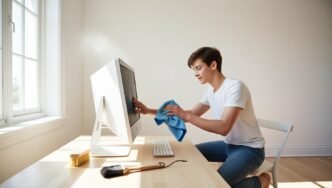 Person cleaning a computer with basic tools in a home office, demonstrating easy DIY maintenance without brand logos or software screens visible.