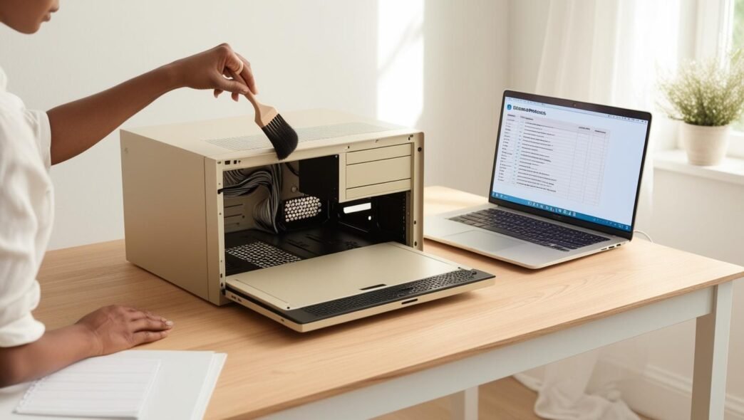 Person cleaning a computer’s interior at a home desk with a brush, next to a laptop displaying a maintenance checklist.