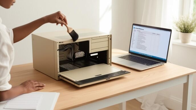 Person cleaning a computer’s interior at a home desk with a brush, next to a laptop displaying a maintenance checklist.