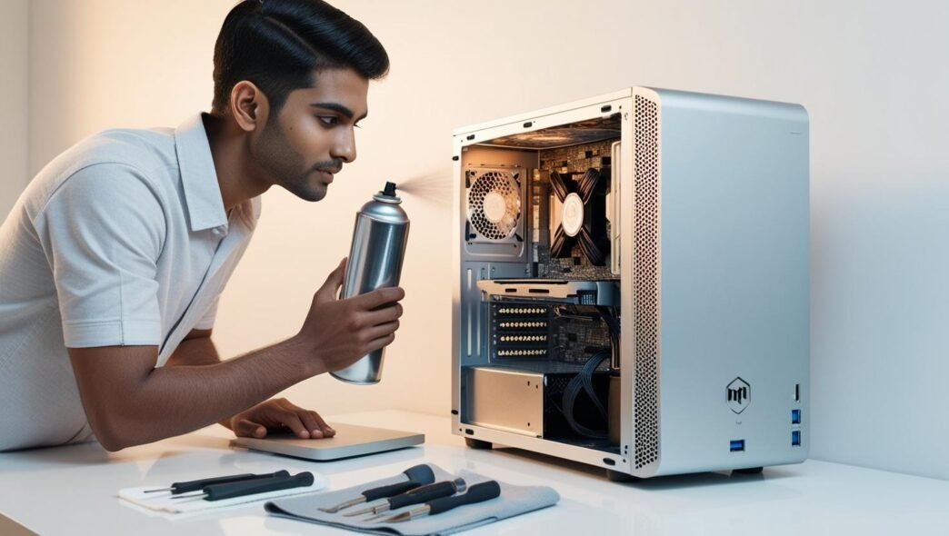 Person cleaning a desktop computer with compressed air to improve airflow and prevent overheating.