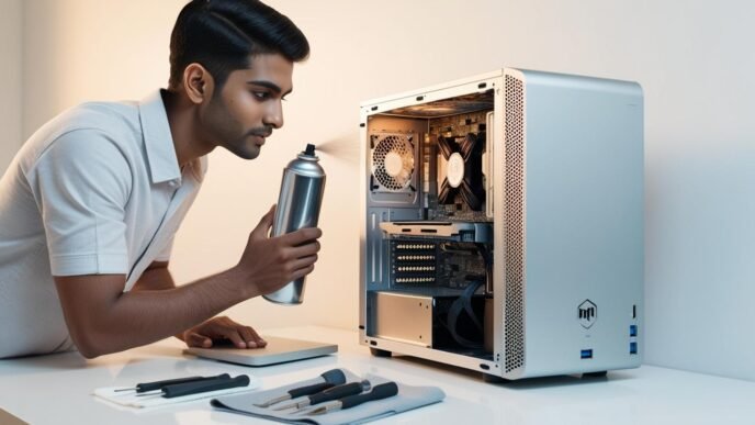 Person cleaning a desktop computer with compressed air to improve airflow and prevent overheating.