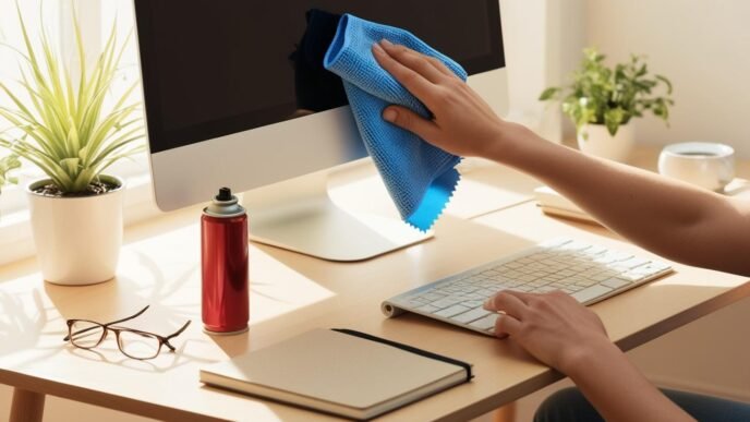 Person cleaning a laptop on a tidy desk with a cloth and air can, showing simple at-home PC maintenance without brand logos or software elements.