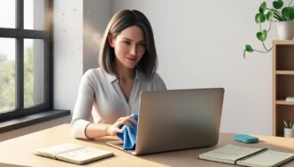 Person cleaning a laptop on a wooden desk in a home setting, representing regular maintenance and care for portable computers.